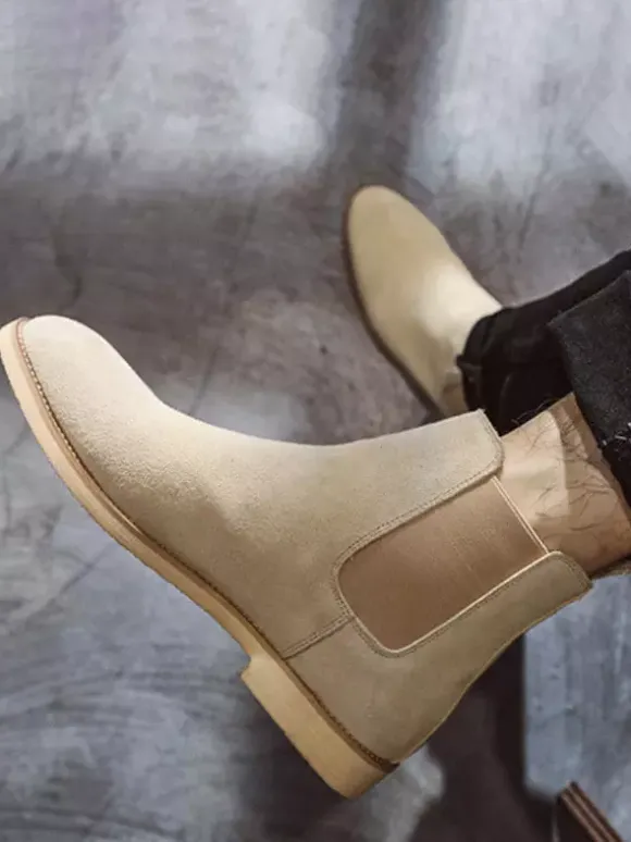 Mens Chelsea Boots Low Heel Suede Leather Pointed Toe Ankle Boots In 5 Colors