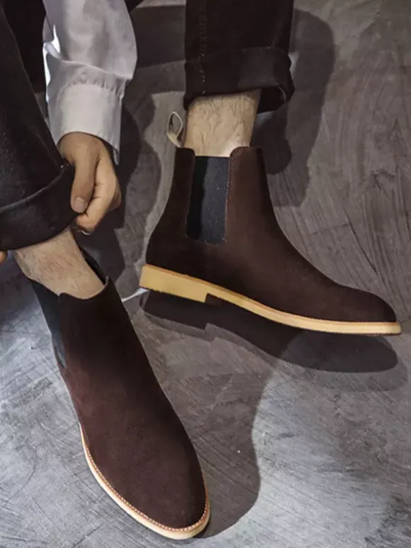 Mens Chelsea Boots Low Heel Suede Leather Pointed Toe Ankle Boots In 5 Colors