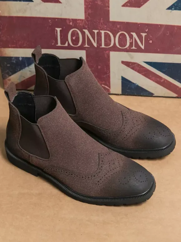 Mens Chelsea Boots Slip-Ons Round Toe Leather Shoes Non Slip Low Heels Breathable Short Boots