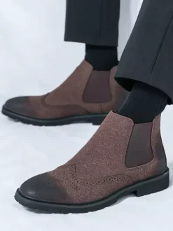 Mens Chelsea Boots Slip-Ons Round Toe Leather Shoes Non Slip Low Heels Breathable Short Boots