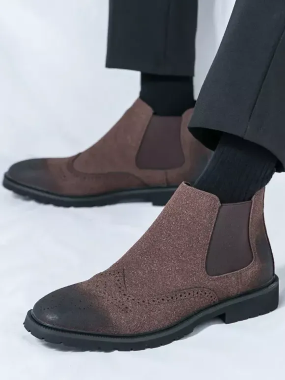 Mens Chelsea Boots Slip-Ons Round Toe Leather Shoes Non Slip Low Heels Breathable Short Boots