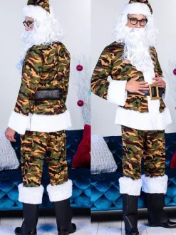 Men's Christmas Set Red Polyester Fiber Hat Pants Top Polyester Santa Clause Holidays Costumes