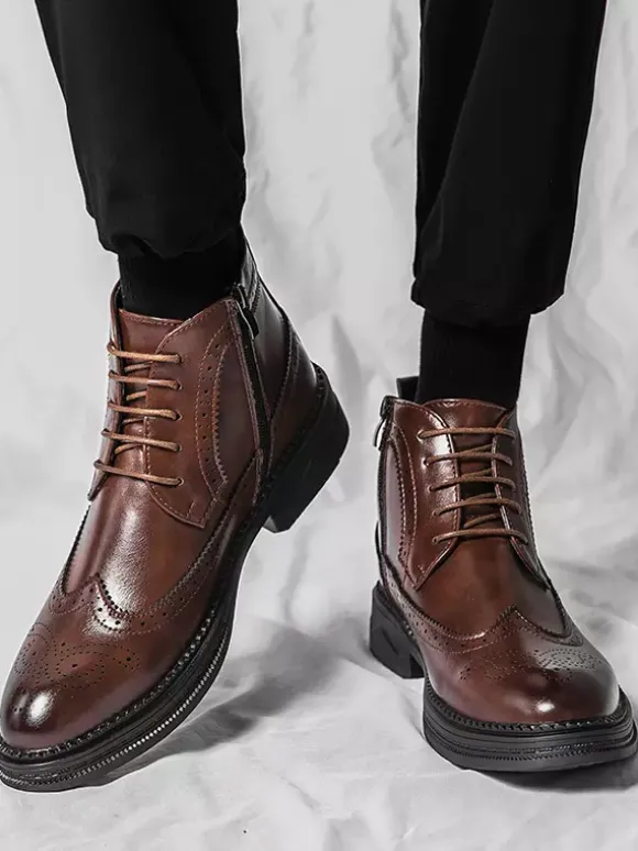 Mens Classic Wingtip Dress Boots Round Toe Leather Low Heel Business Derby Ankle Boots