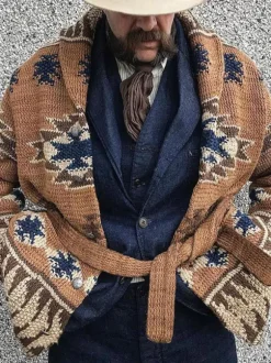 Men's Clothing Cardigan For Men Men's Sweaters Men's Cardigans Chic Geometric Long Sleeves Stylish Coffee Brown Coffee Brown