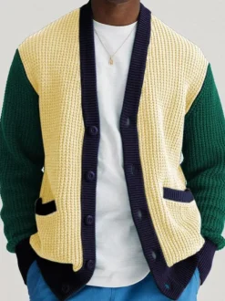 Men's Clothing Men's Cardigan Men's Sweaters Men's Cardigans Lounge Color Block Long Sleeves Stylish Yellow Yellow