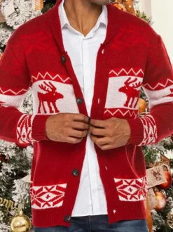 Men's Clothing Men's Cardigan Men's Sweaters Men's Cardigans Casual Geometric Long Sleeves Stylish Red Green