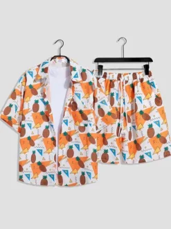 Men's Co-ords Men's Clothing Orange Chic Short Sleeves Outfit Set