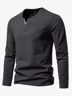 Men’s Cotton V-Neck Long-Sleeve T-Shirt Casual Solid Color Top
