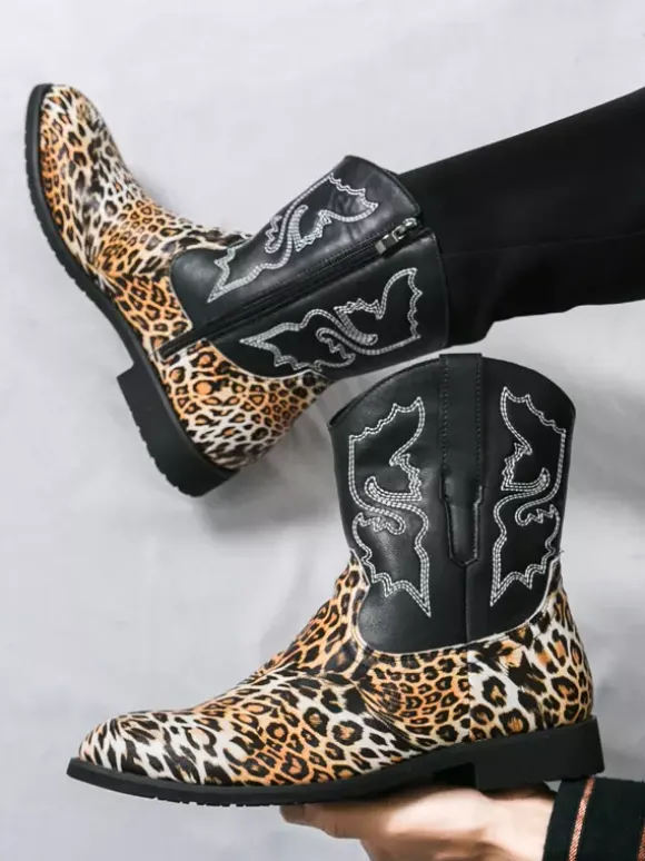Mens Cowboy Boots High Top Ankel Boots Leopard Western Embroidery Shoes