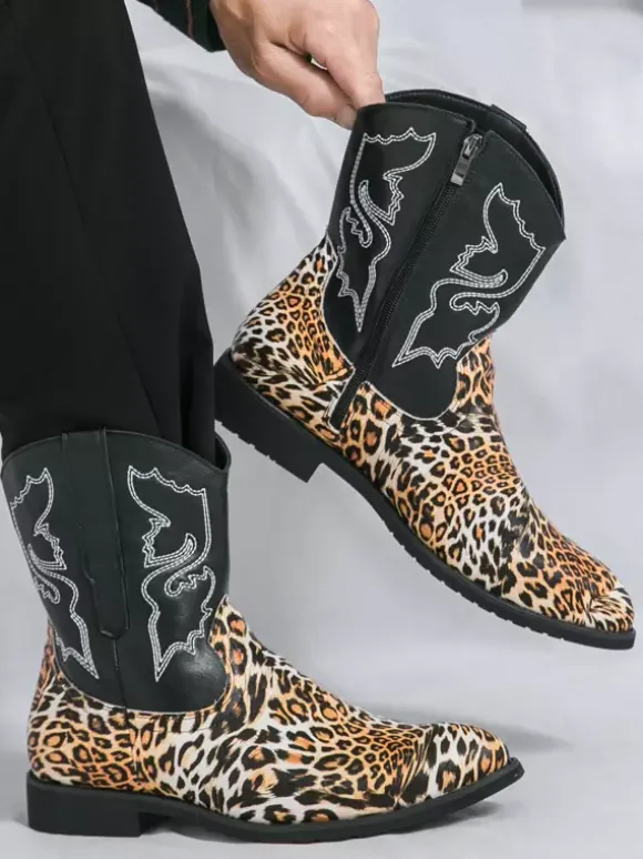 Mens Cowboy Boots High Top Ankel Boots Leopard Western Embroidery Shoes