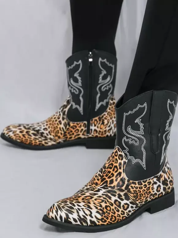 Mens Cowboy Boots High Top Ankel Boots Leopard Western Embroidery Shoes