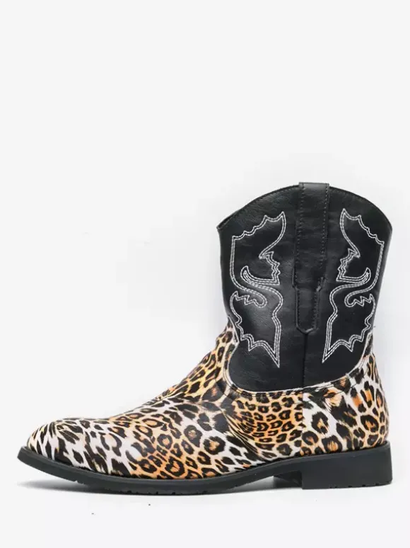Mens Cowboy Boots High Top Ankel Boots Leopard Western Embroidery Shoes