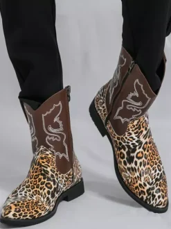 Mens Cowboy Boots High Top Ankel Boots Leopard Western Embroidery Shoes