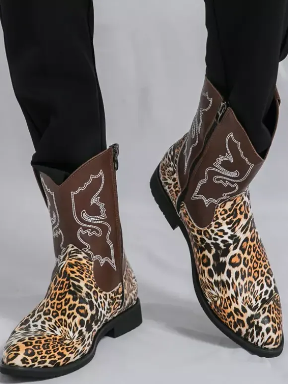 Mens Cowboy Boots High Top Ankel Boots Leopard Western Embroidery Shoes