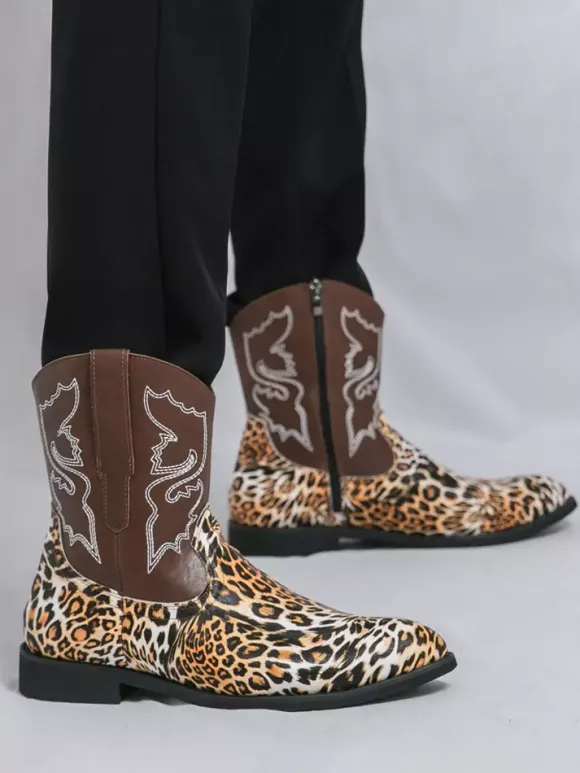 Mens Cowboy Boots High Top Ankel Boots Leopard Western Embroidery Shoes