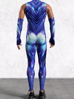 Mens Cyberpunk Bodysuit Optical Illusion Robot Print Metallic Catsuits