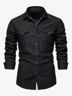 Men's Denim Shirt Casual Solid Color Long-Sleeved Slim Fit Shirt