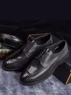 Mens Derbies Dress Shoes Genuine Python-Embossed Leather Business Formal Shoes