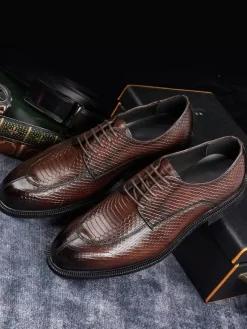 Mens Derbies Dress Shoes Genuine Python-Embossed Leather Business Formal Shoes