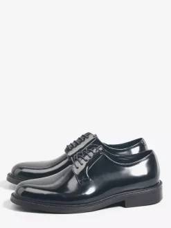 Men's Derby Shoes Black Real Leather Round Toe Lace Up Party Prom Shoes