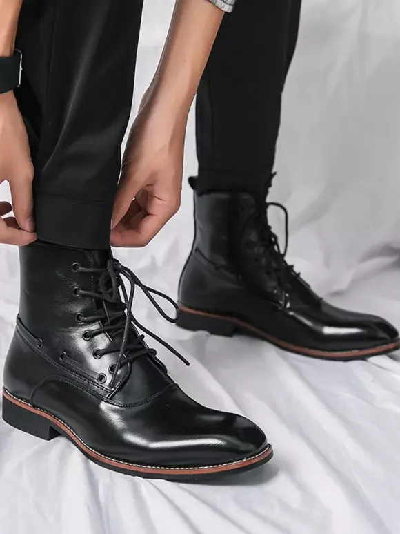 Mens Dress Ankle Boots Pointed Toe Leather Oxfords With Low Heel Formal Business Casual Shoes