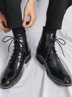 Mens Dress Ankle Boots Pointed Toe Leather Oxfords With Low Heel Formal Business Casual Shoes