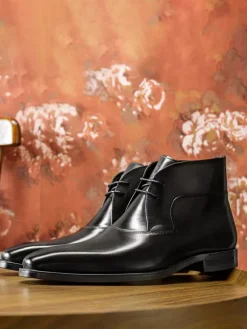 Men's Dress Boots Black Cowhide Leather Lace Up Square Toe Ankle Boots