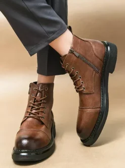 Mens Dress Boots Cap-Toe Derby Boots Chunky Sole Formal Ankle Boots