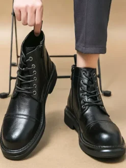 Mens Dress Boots Cap-Toe Derby Boots Chunky Sole Formal Ankle Boots
