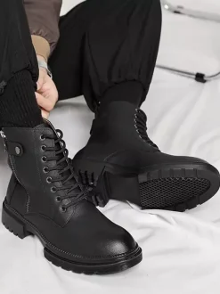 Mens Dress Boots Round-Toe Chunky Sole Hybrid Lace-Up And Side Zipper