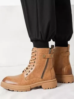 Mens Dress Boots Round-Toe Chunky Sole Hybrid Lace-Up And Side Zipper