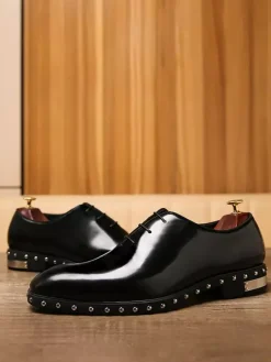 Men's Dress Shoes Fashion Round Toe Rivets Cowhide Oxford Tuxedo Dress Shoes