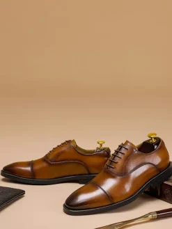Mens Dress Shoes Leather Pointed Toe Lace Up Low Heels Derbies Shoes