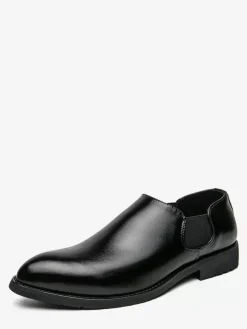 Mens Dress Shoes Slip On Pointed Toe PU Leather Slip Resistant Rubber Sole Chelsea Low Top Block Heel Casual Shoes