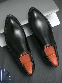 Mens Dress Shoes Slip On Pointed Toe PU Leather Slip Resistant Rubber Sole Chelsea Low Top Block Heel Casual Shoes