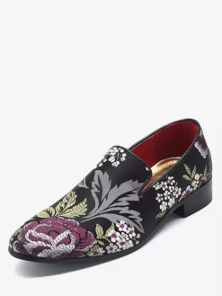 Mens Embroidery Loafers Slip-on Cloth Flower Pattern Pointed Toe Vintage Block Heel Penny Shoes