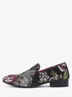 Mens Embroidery Loafers Slip-on Cloth Flower Pattern Pointed Toe Vintage Block Heel Penny Shoes