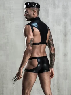 Men Sexy Costume Black 3-Piece Set Top Pants Hat Sexy Night Club Wear
