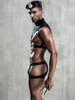Men Sexy Costume Black 3-Piece Set Top Pants Hat Sexy Night Club Wear