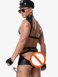 Men Sexy Costume Halloween Adult's Pants Top Gloves Hat Lingerie PU Leather Night Club Wear