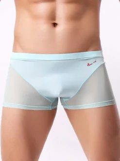 Men Sexy Lingerie Semi Sheer Patchwork Nylon Boy Shorts