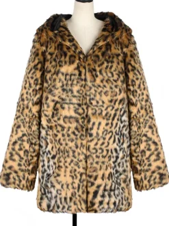 Men's Faux Fur Coats Oversized Hooded Leopard Print Waist Length Outwear for Winter