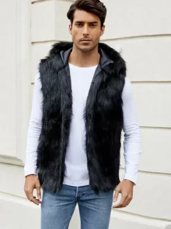 Men's Faux Fur Vest Sleeveless Jacket with Turn-Down Collar and Hood