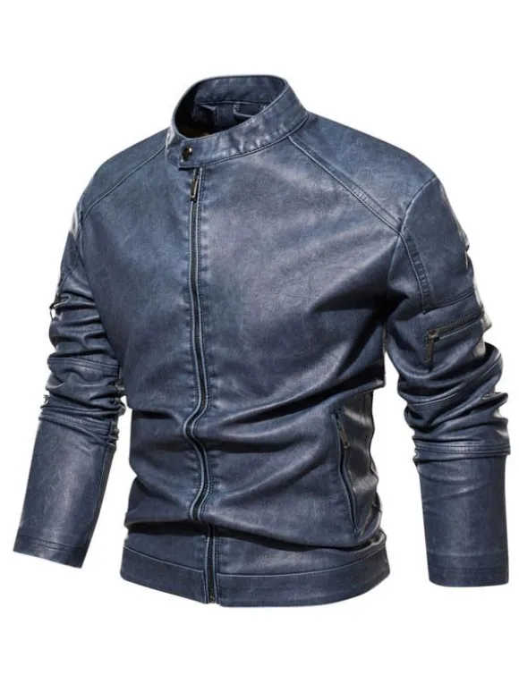 Men's Faux Leather Jackets Zipper Solid Color Moto Jackets