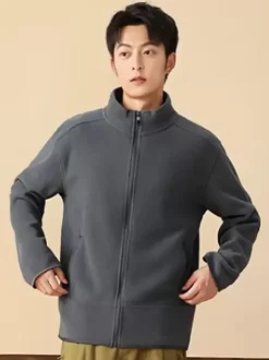 Men's Fleece Jacket Long Sleeve Solid Color Outdoor Jacket With Pockets
