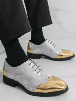 Men's Gold Dress Shoes Round Toe Patchwork Lace Up Casual Shoes