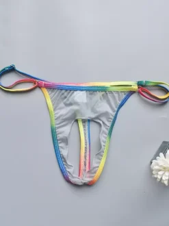 Men's G-String Rainbow Waistband Hollow Out Sheer Mesh See-Through Thong Underwear