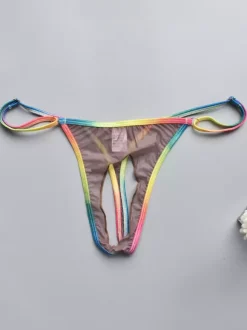 Men's G-String Rainbow Waistband Hollow Out Sheer Mesh See-Through Thong Underwear