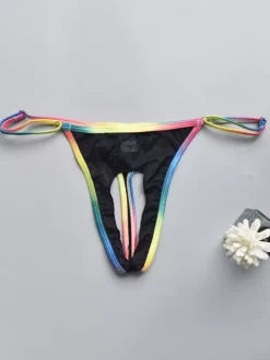 Men's G-String Rainbow Waistband Hollow Out Sheer Mesh See-Through Thong Underwear