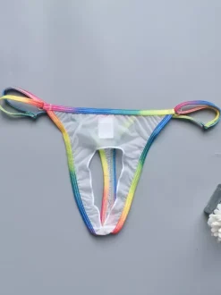 Men's G-String Rainbow Waistband Hollow Out Sheer Mesh See-Through Thong Underwear